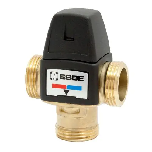 ESBE Mischautomatik mit zwei Anschlussgewinden und einem verstellbaren Regler zur Temperaturregelung, geeignet für Heizungsanwendungen.